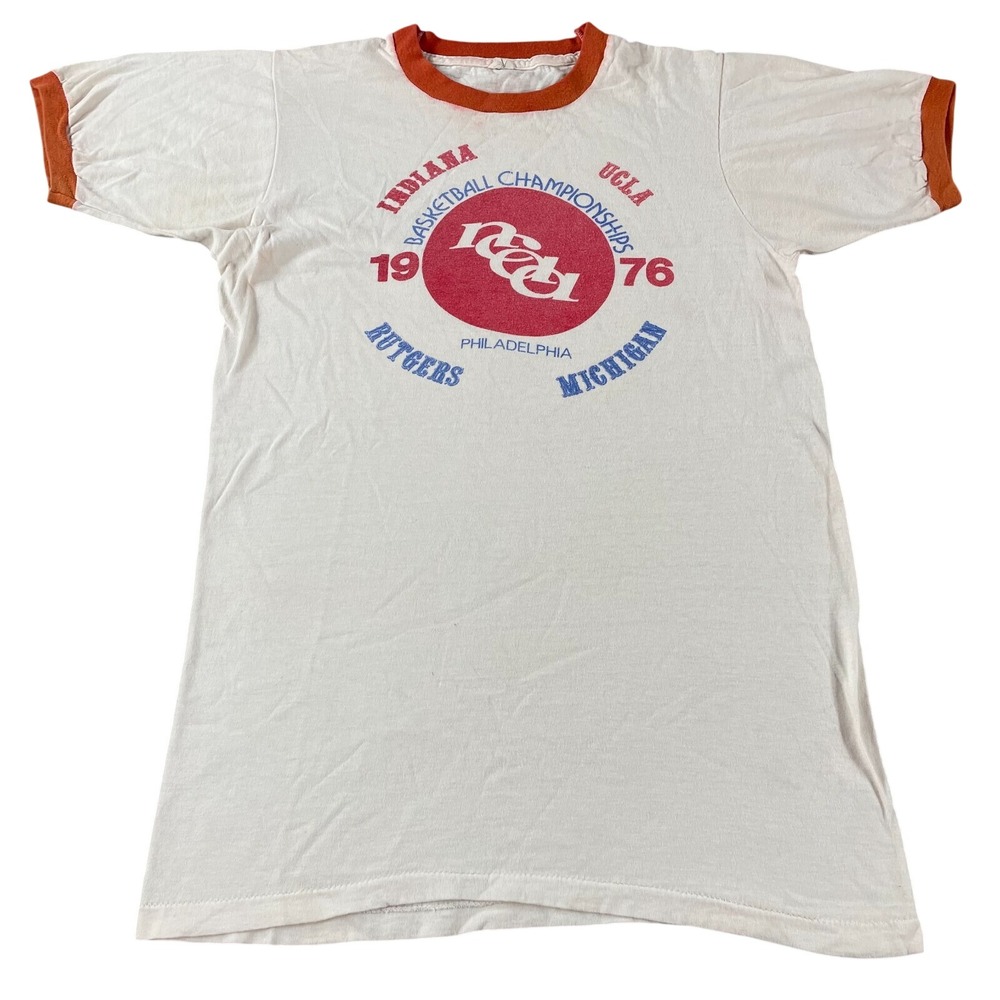 Vintage White Ringer T-Shirt with Orange and Red Graphics